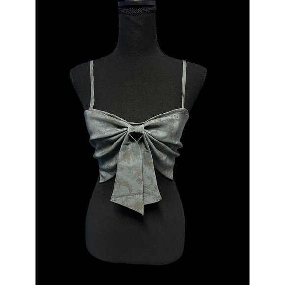 KIMCHI BLUE Womens Blue Jacquard Bow Detail CropTop, Adjustable Straps, Smocked - Picture 1 of 13